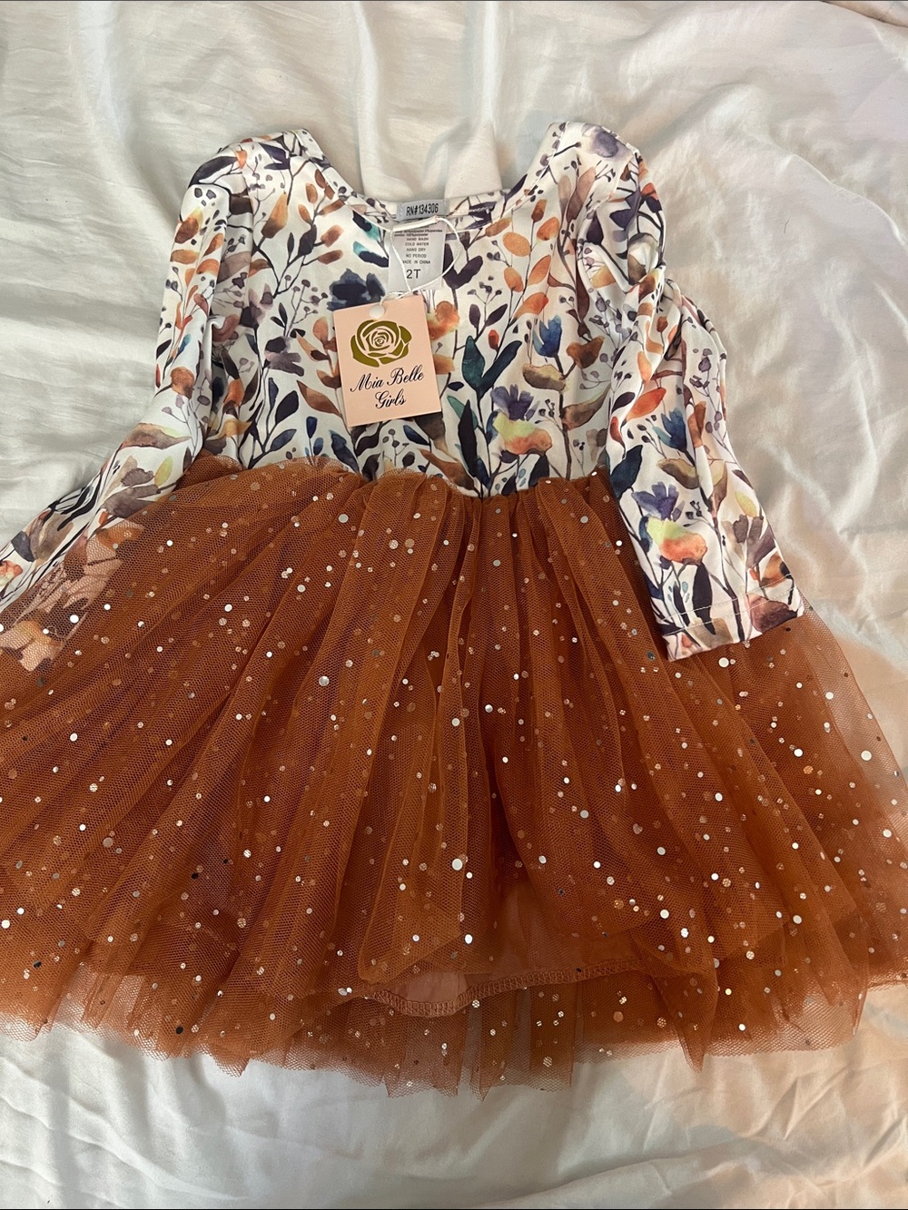 Miss Belle Girls Rust Tulle Floral-Appliqué Dress for Kids